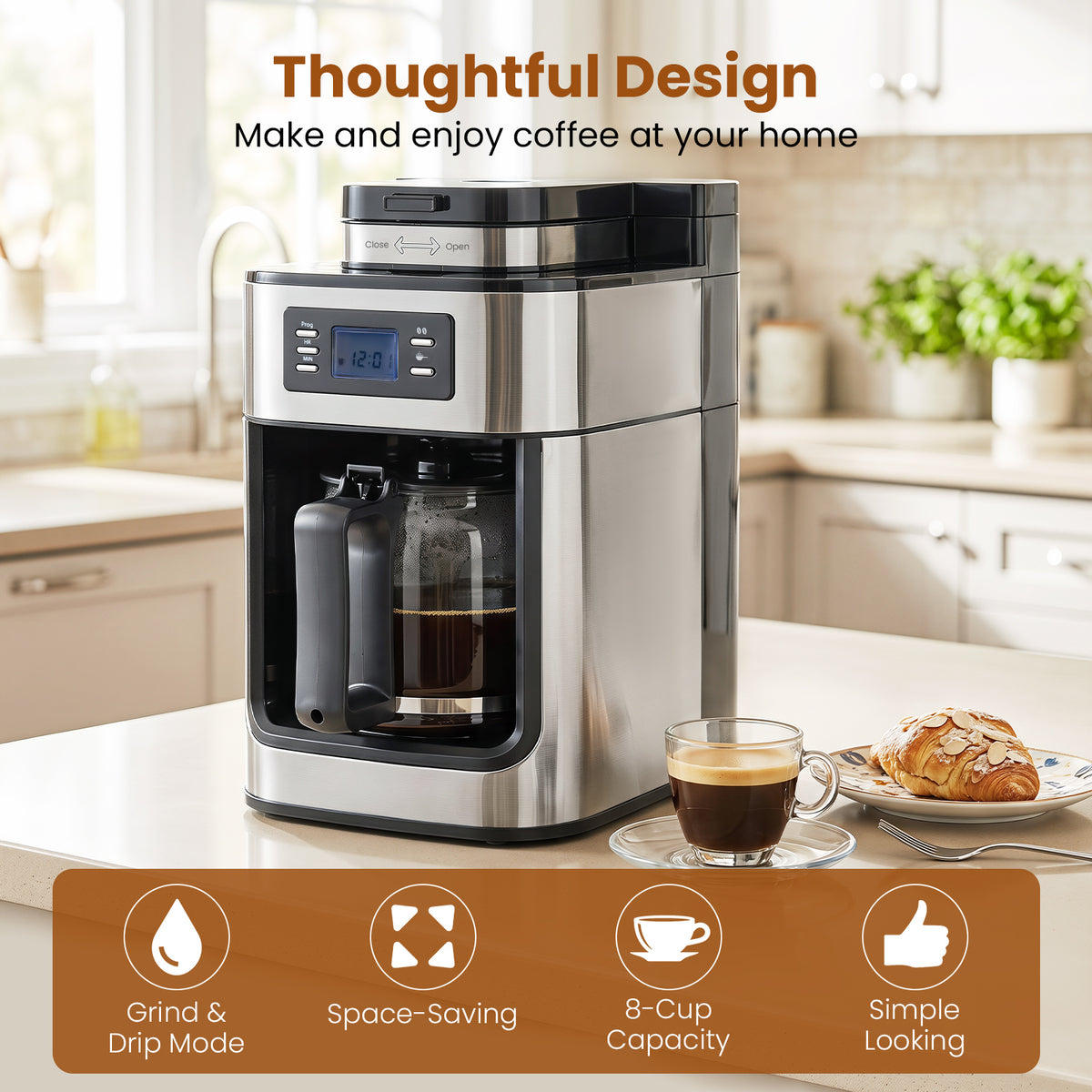 8-Cup Drip Coffee Maker with Grind Brew and 24H Programmable Timer for Office