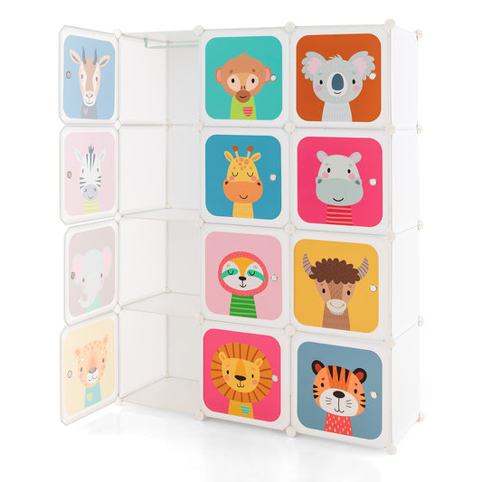 8-Cube/12Cube Portable Kids Wardrobe with Hanging Section-12 Cube with colourful animal door panels