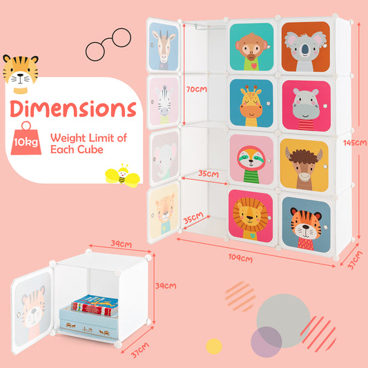 the kids storage unit shown with technical measurements and a single cube example
