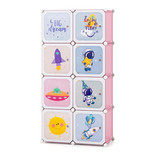 8-cube Baby Closet Organizer with Doors and Hanging Section in pink with cartoon space designs on the doors