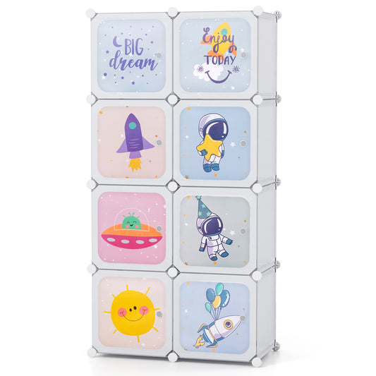 8-cube Baby Closet Organizer with Doors and Hanging Section in white with fun space-themed decals on the doors