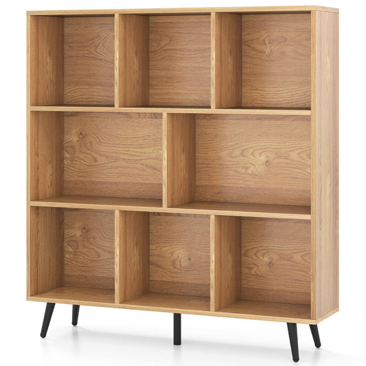 8-Cube Mid Century Modern Bookcase with 5 tapered metal legs in natural wood finish
