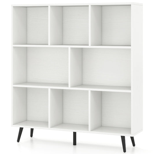 8-Cube Mid Century Modern Bookcase with white shelves and tapered black legs