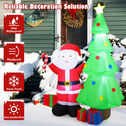 The Christmas inflatable decoration displayed with icons showing weather resistance features