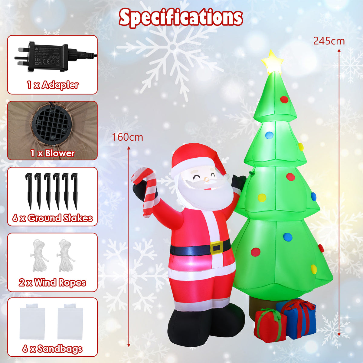 This Christmas inflatable decoration with Santa and tree is shown with its included accessories and dimensions