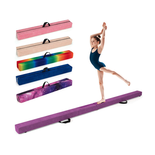8 FT Folding Gymnastic Beam shown in purple with various other colour options stacked on the left