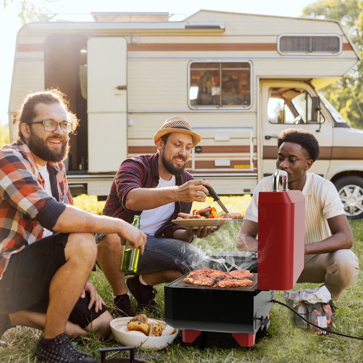8-in-1 Portable Pellet Grill with Digital Control and Meat Probe for Backyard-Red