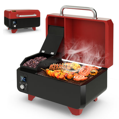 8-in-1 Portable Pellet Grill with Digital Control and Meat Probe for Backyard-Red