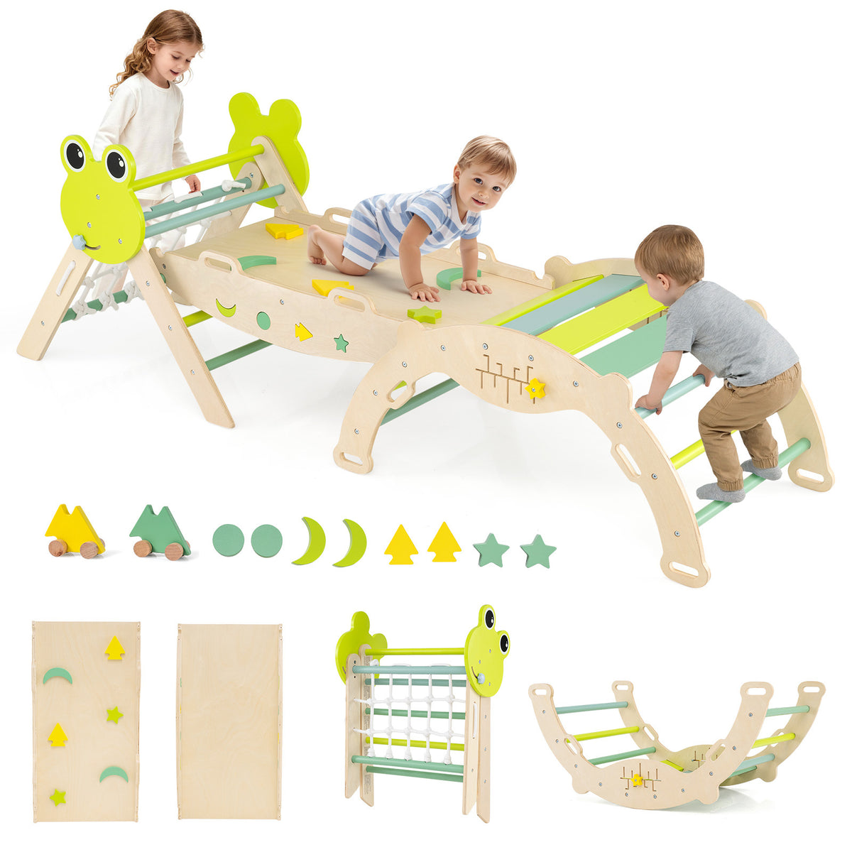 Wooden climbing frame set with green frog face and accessories laid out
