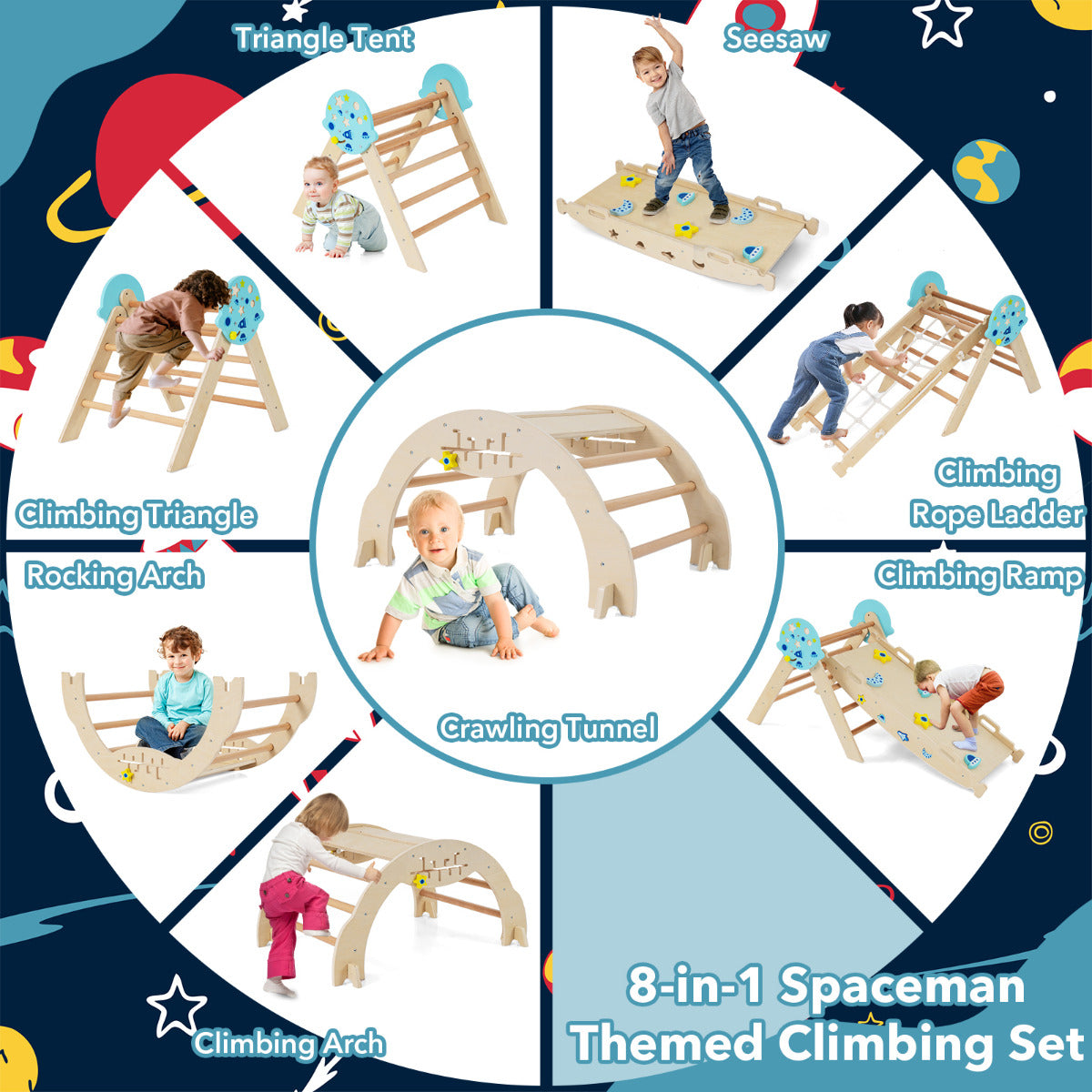 The climbing frame can be assembled into eight different configurations
