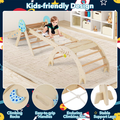 A toddler playing on the natural wood climbing frame indoors on a rug