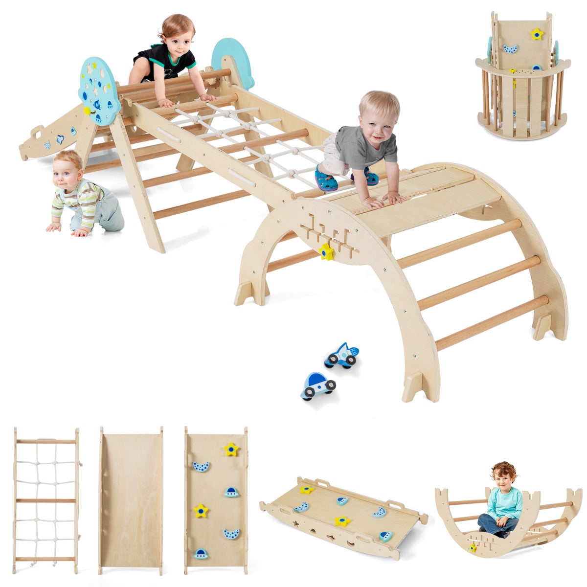 8-in-1 Foldable Climbing Toys with ramp and climbing rope for toddlers natural wood finish
