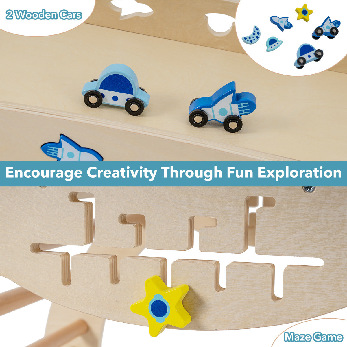 Close up of the wooden maze game on the climbing frame with toy cars