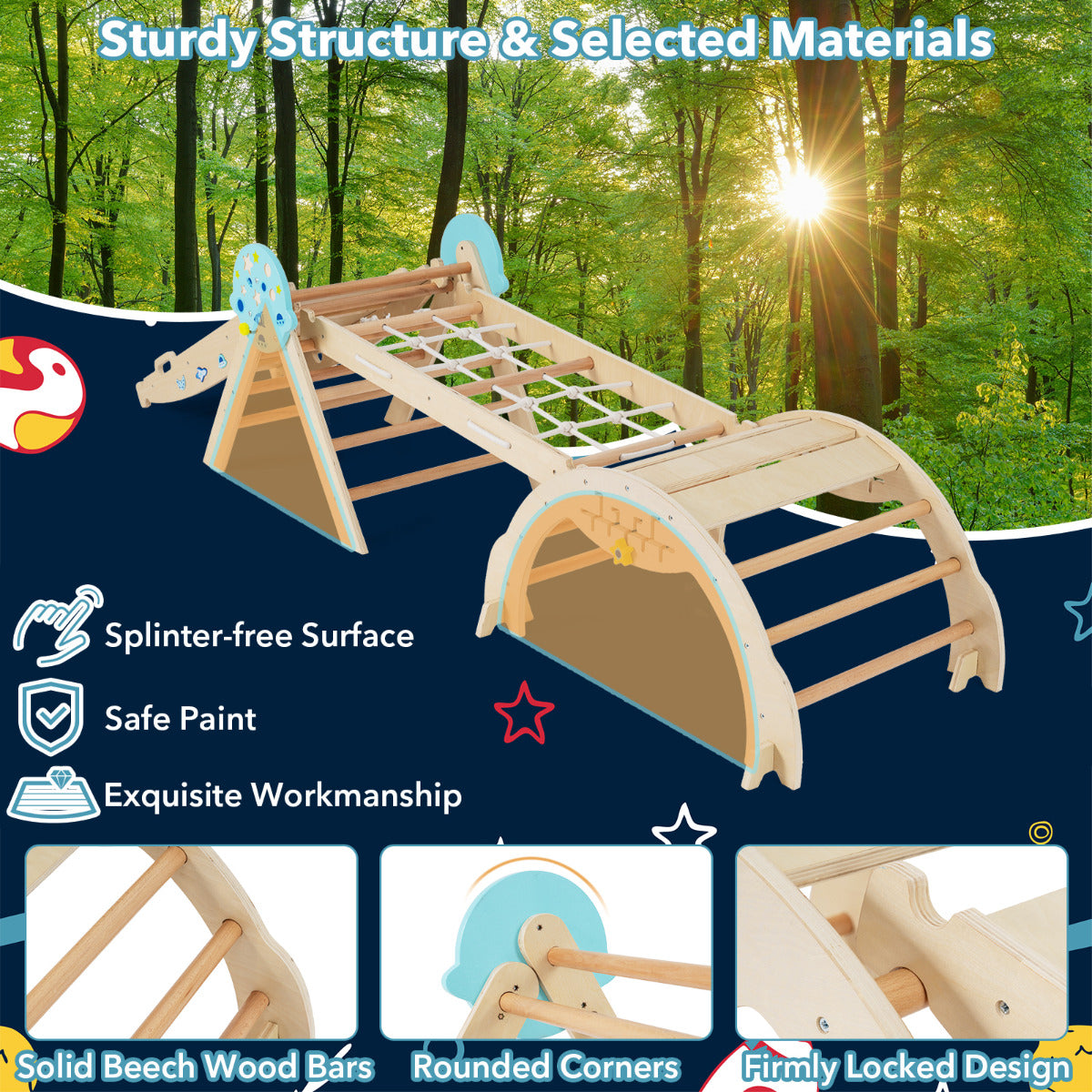 The natural wood climbing frame set up outdoors in a garden setting