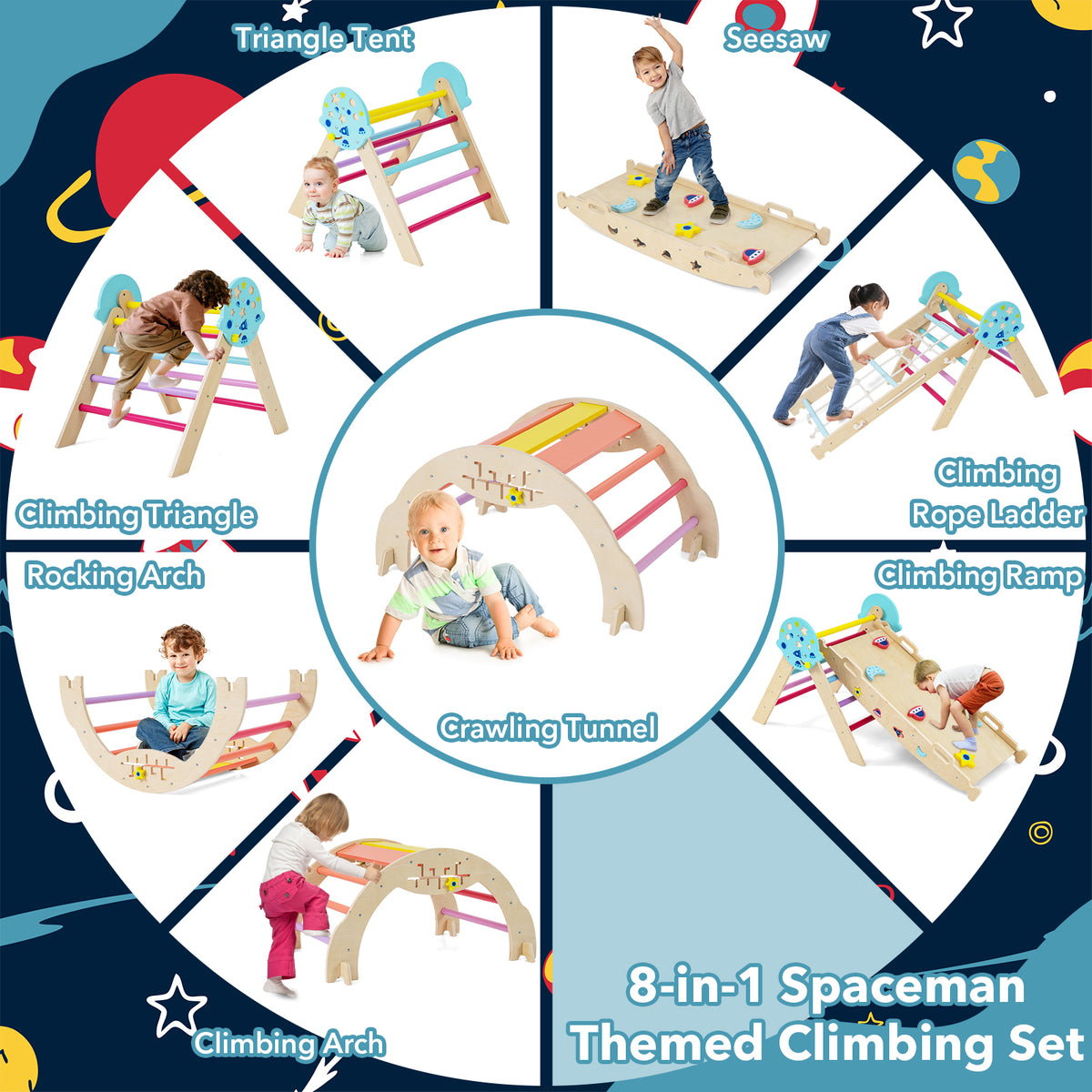 This climbing frame shows eight different configurations for toddlers
