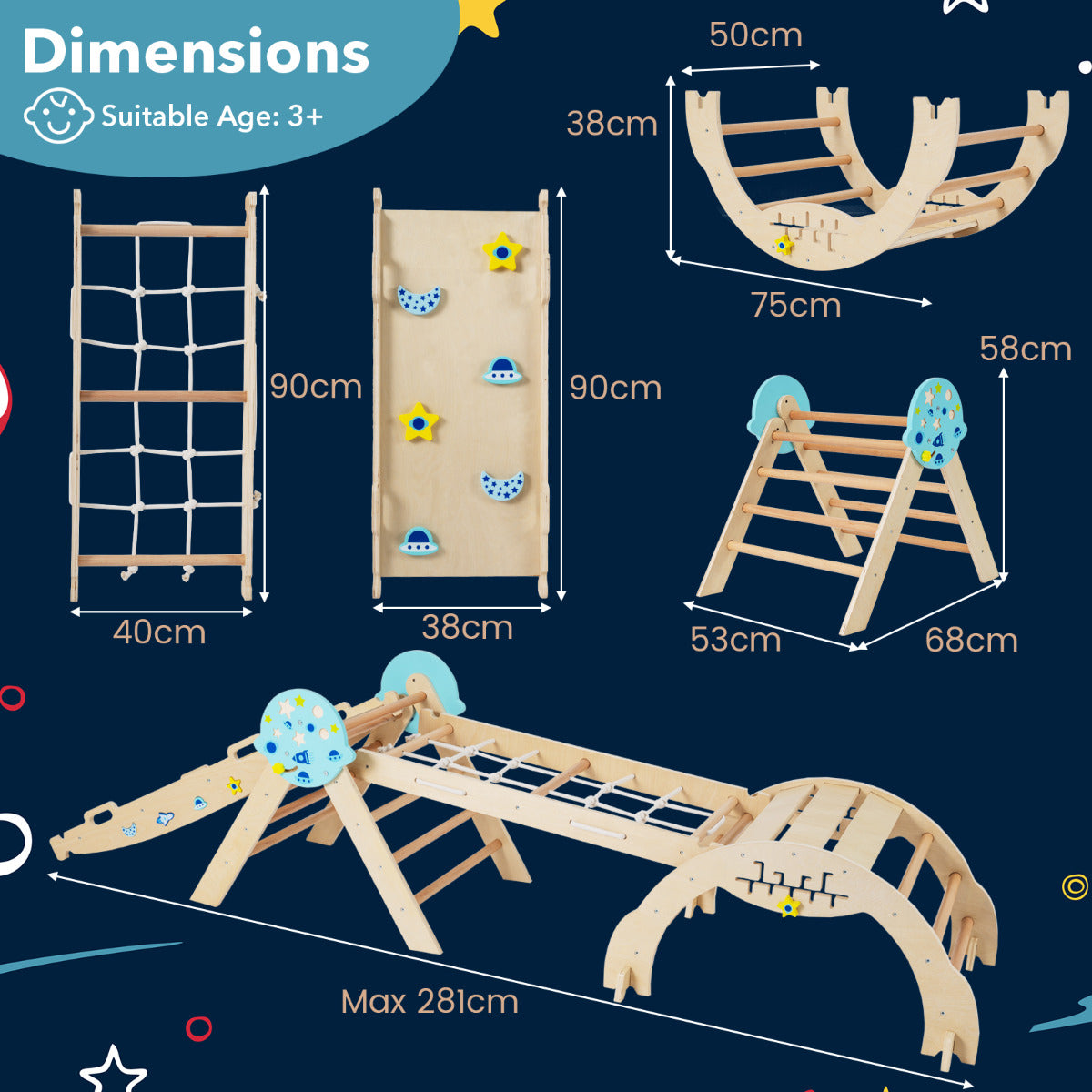 Dimensions for the wooden climbing frame, showing height and width measurements