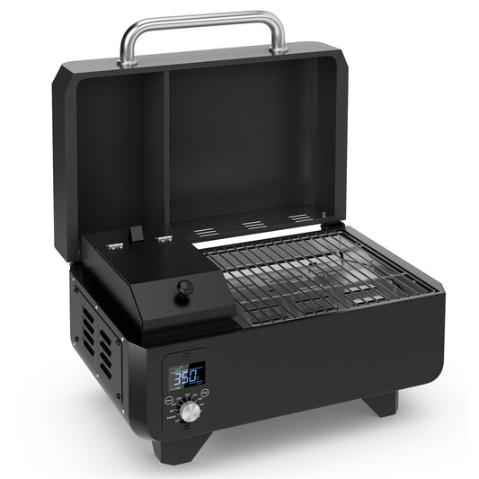 8-in-1 Portable Pellet Grill with digital control and meat probe, open lid, black finish