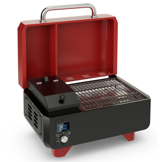 8-in-1 Portable Pellet Grill with digital control and meat probe in red and black