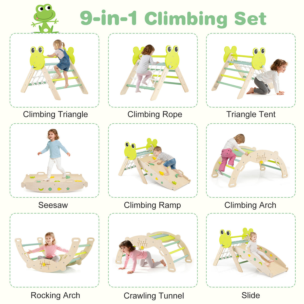 Nine different ways to assemble the wooden climbing frame set