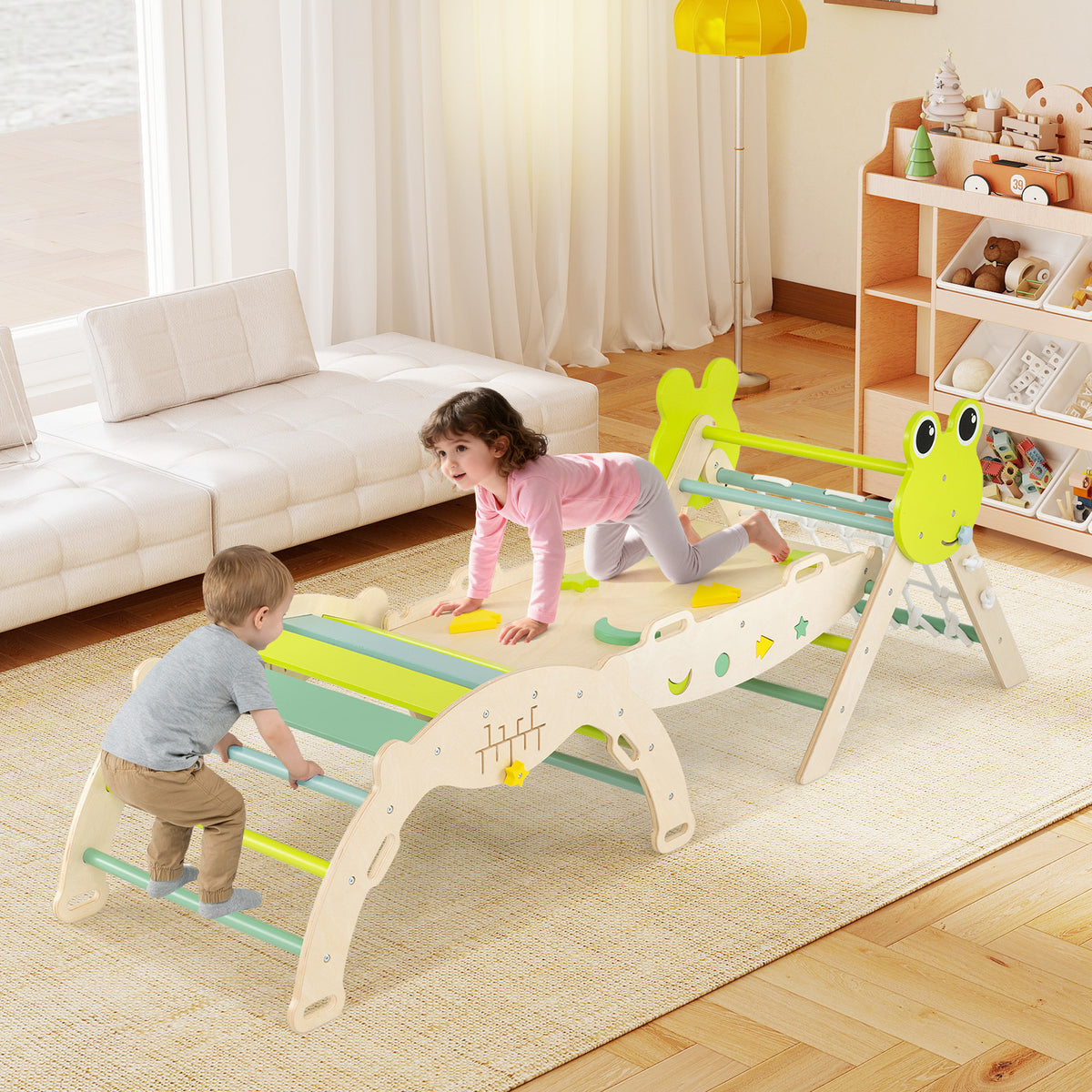 Two toddlers playing on the wooden climbing frame set in a living room