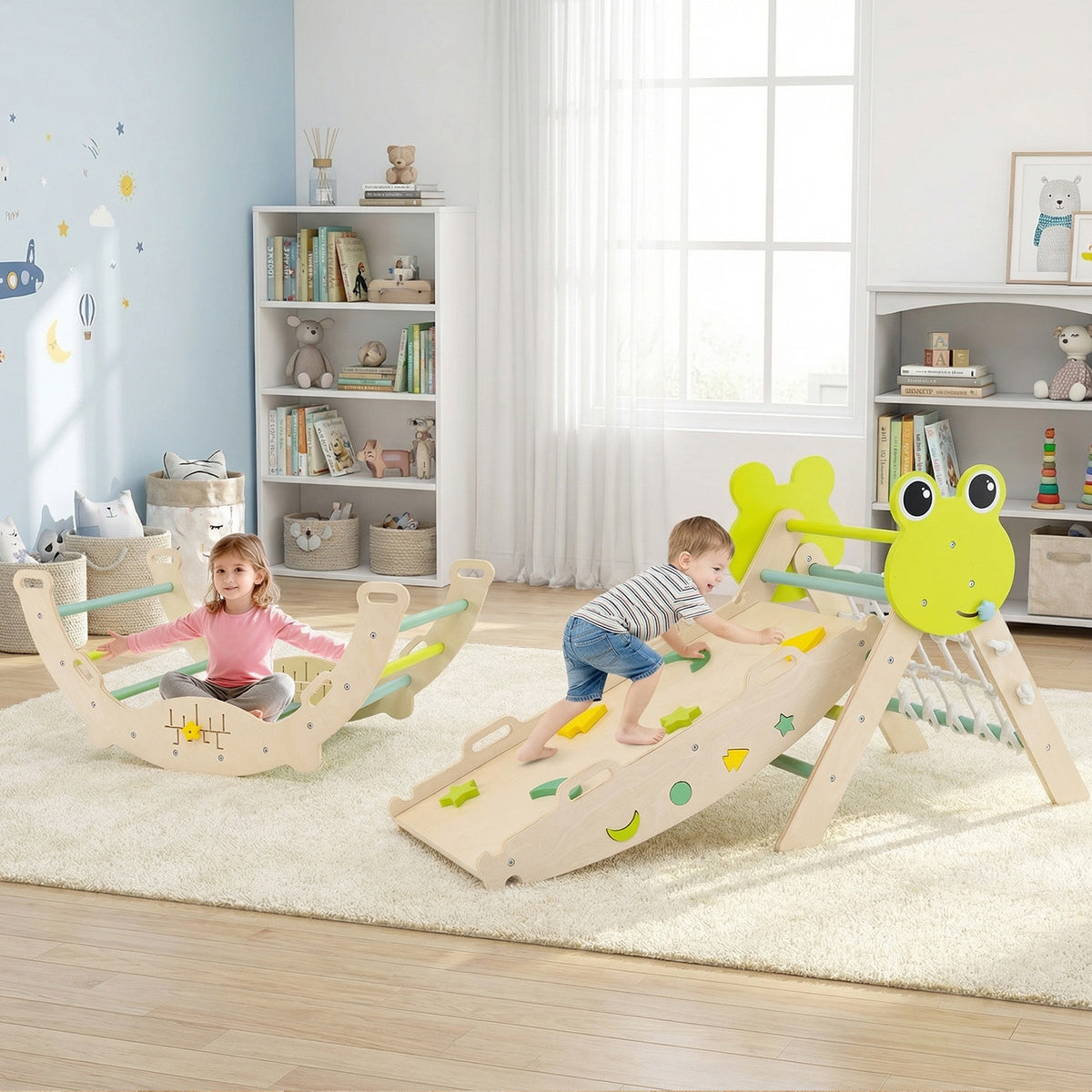 Children enjoying the wooden climbing frame set and rocking arch in a bright room