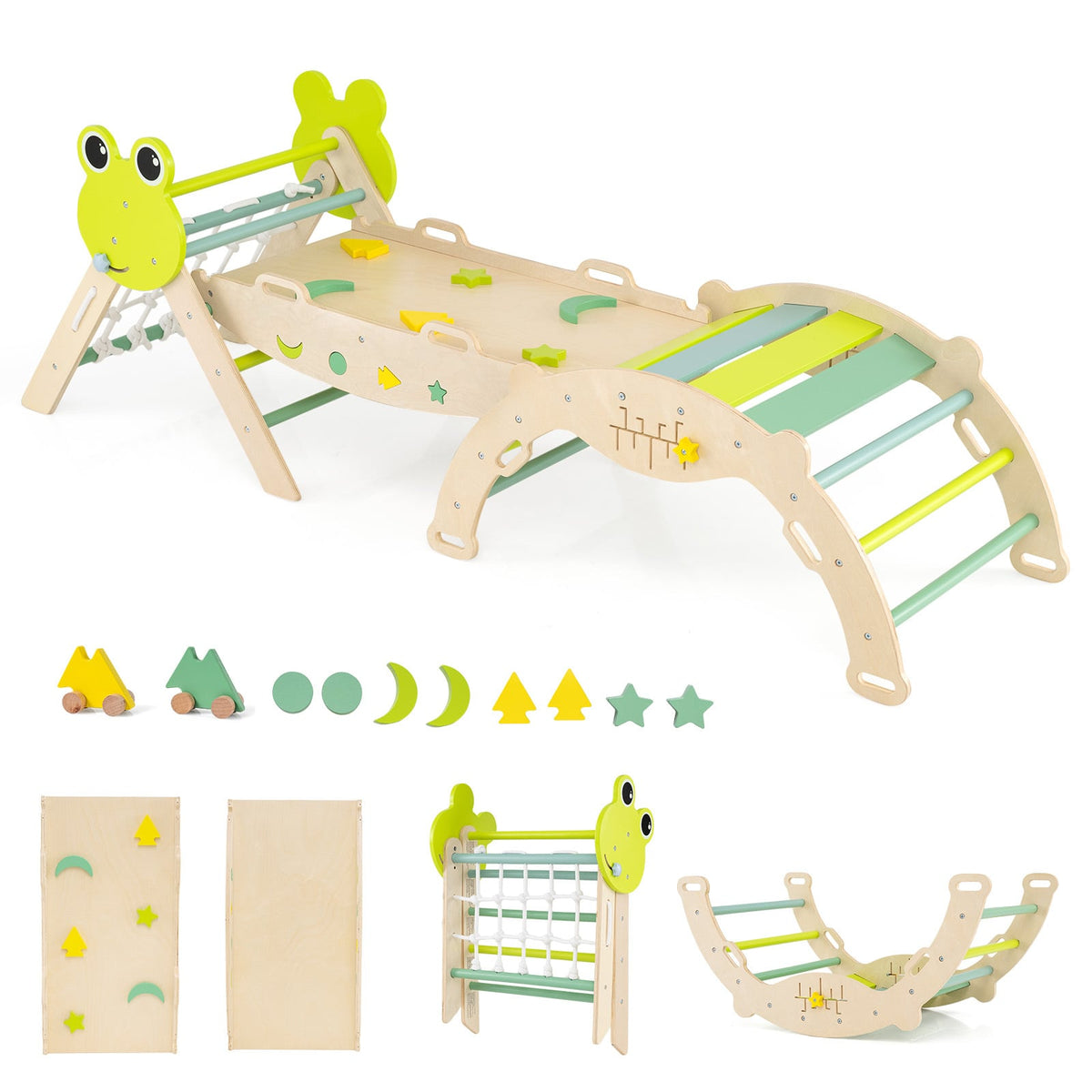 8-in-1 Toddler Wooden Triangle Set with green frog details and colourful climbing holds
