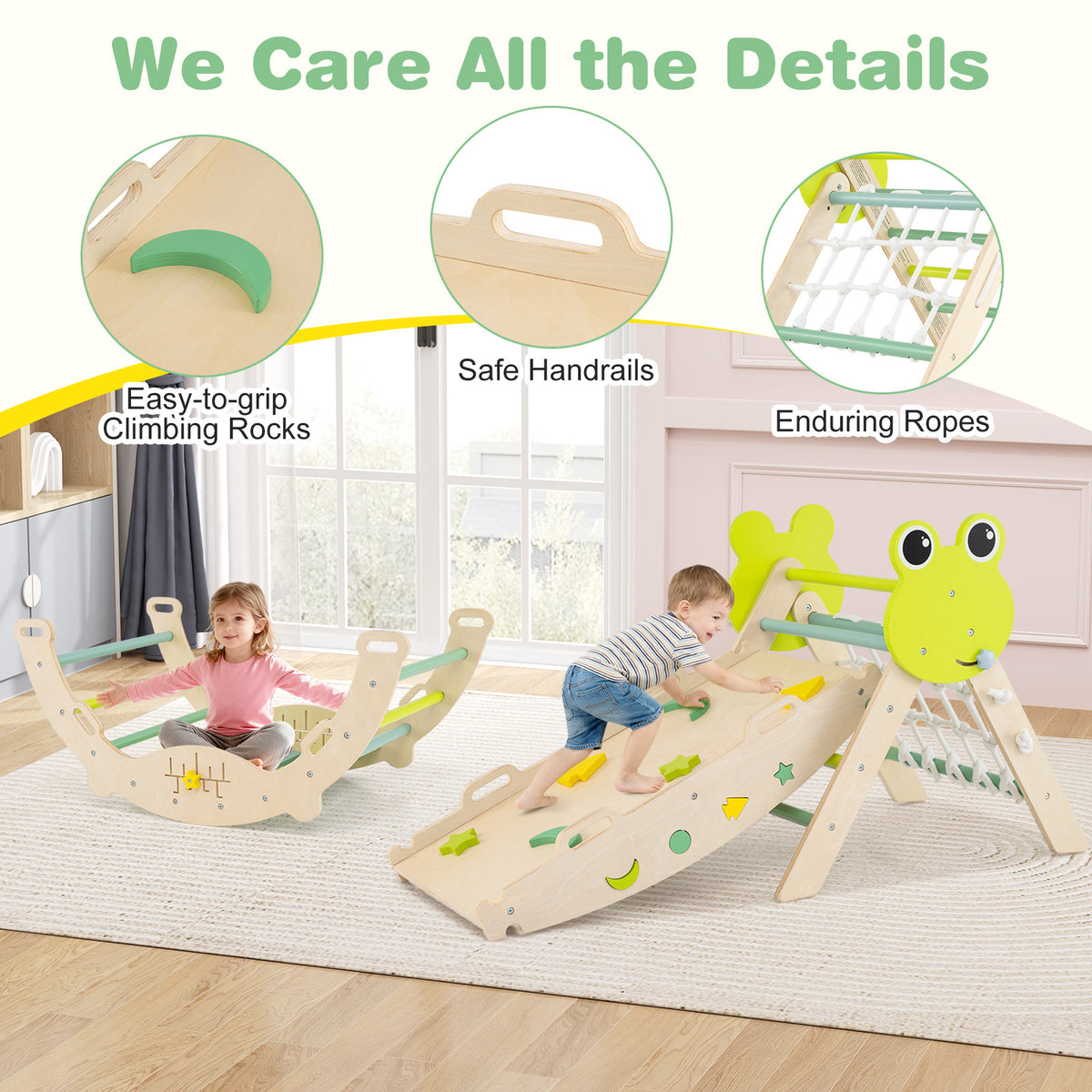 Close up details of the wooden climbing frame set including handrails and rope