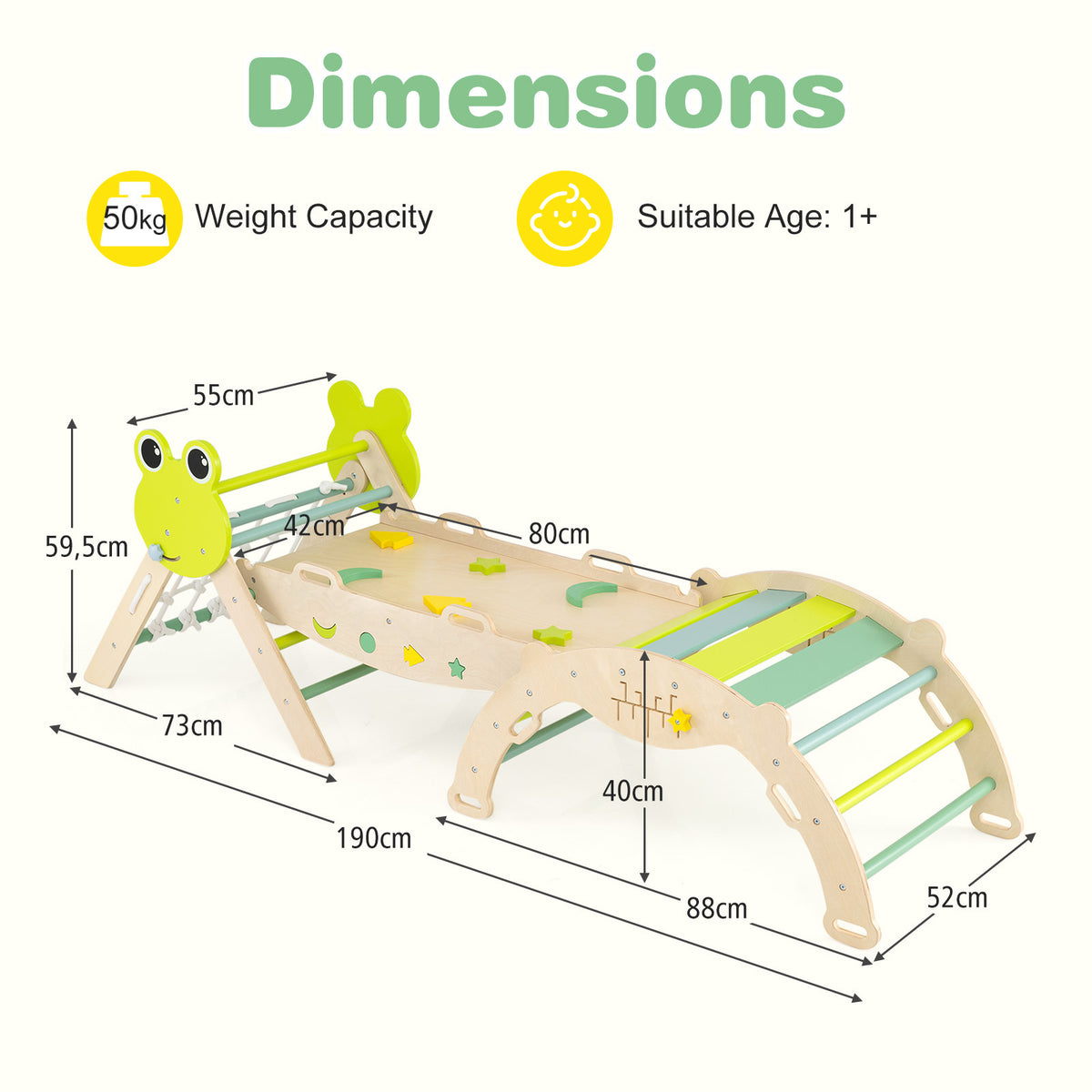 Dimensions diagram showing the size of the wooden climbing frame set