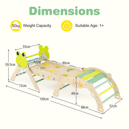 Dimensions diagram showing the size of the wooden climbing frame set