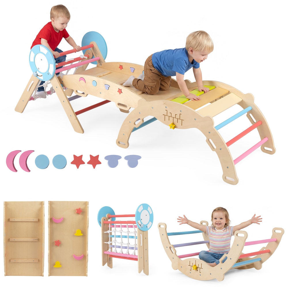 8-in-1 Wooden Triangle Set Foldable Montessori Climbing Toys-Macaron with two children playing on it