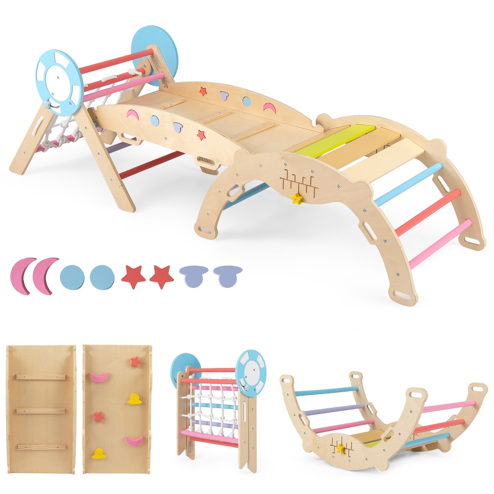 Wooden climbing frame with separate parts laid out