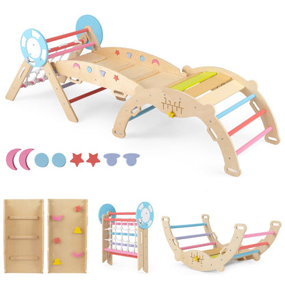 Wooden climbing frame with separate parts laid out