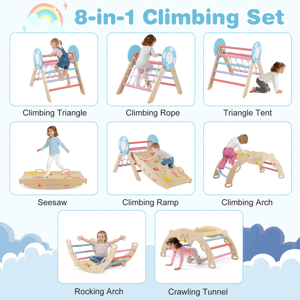 Seven different configurations of the wooden climbing frame