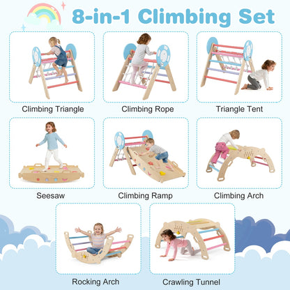 Seven different configurations of the wooden climbing frame
