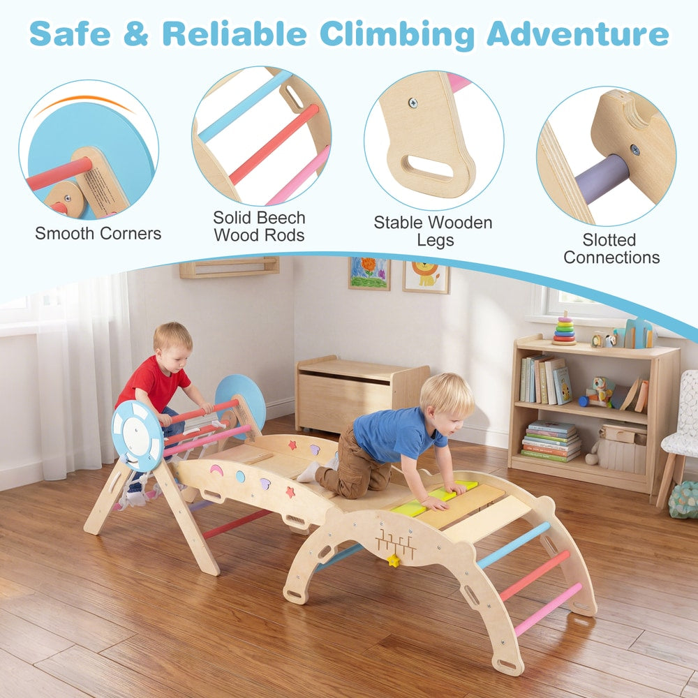 Close up details of the wooden climbing frame showing smooth corners and connections