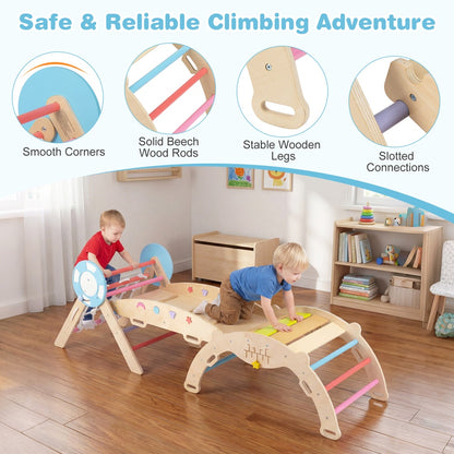 Close up details of the wooden climbing frame showing smooth corners and connections
