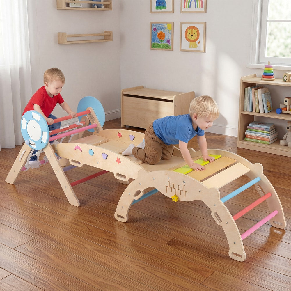 Two children playing on the wooden climbing frame in a nursery room