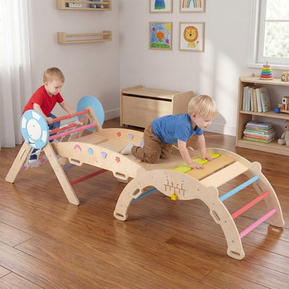 Two children playing on the wooden climbing frame in a nursery room