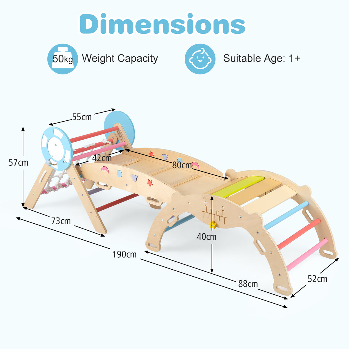 Dimensions diagram for the wooden climbing frame