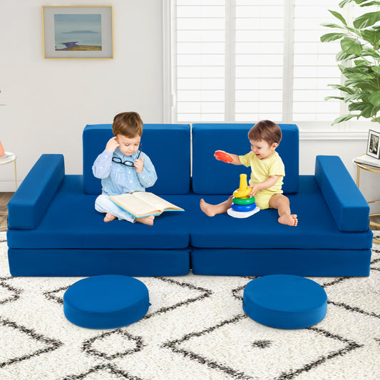 Blue kids sofa set with two children reading and playing on it