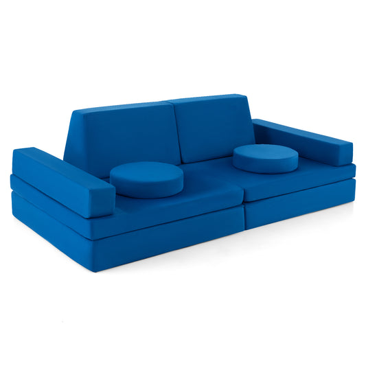 8-Piece Kids Play Couch Sofa with Portable Handle in blue, a modular seating set with two backrests and two armrests