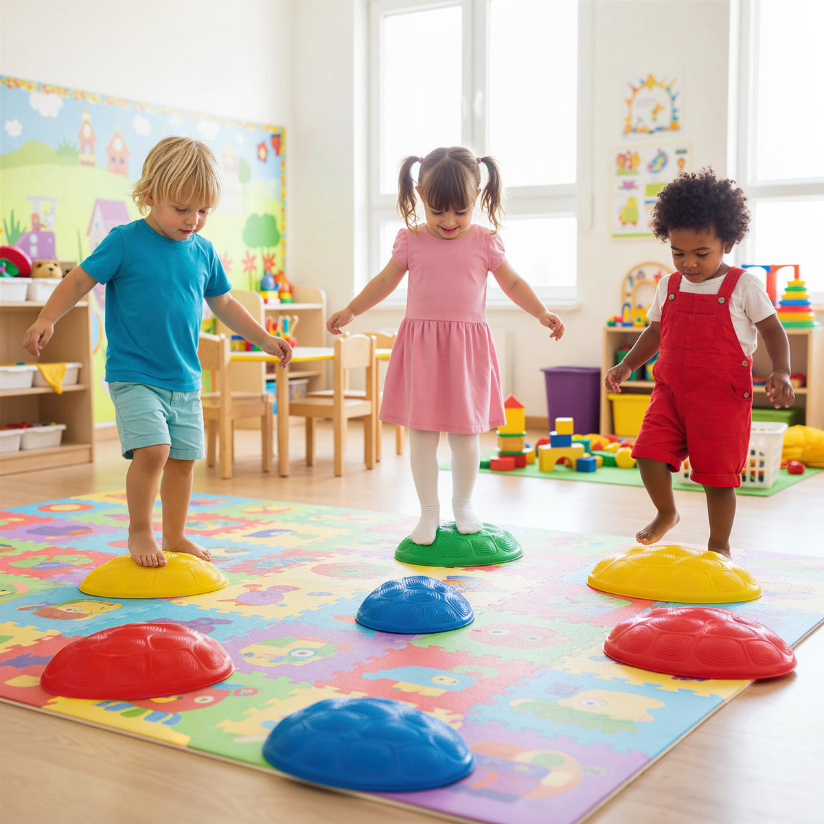 Three toddlers balancing on colourful stepping stones in a playroom