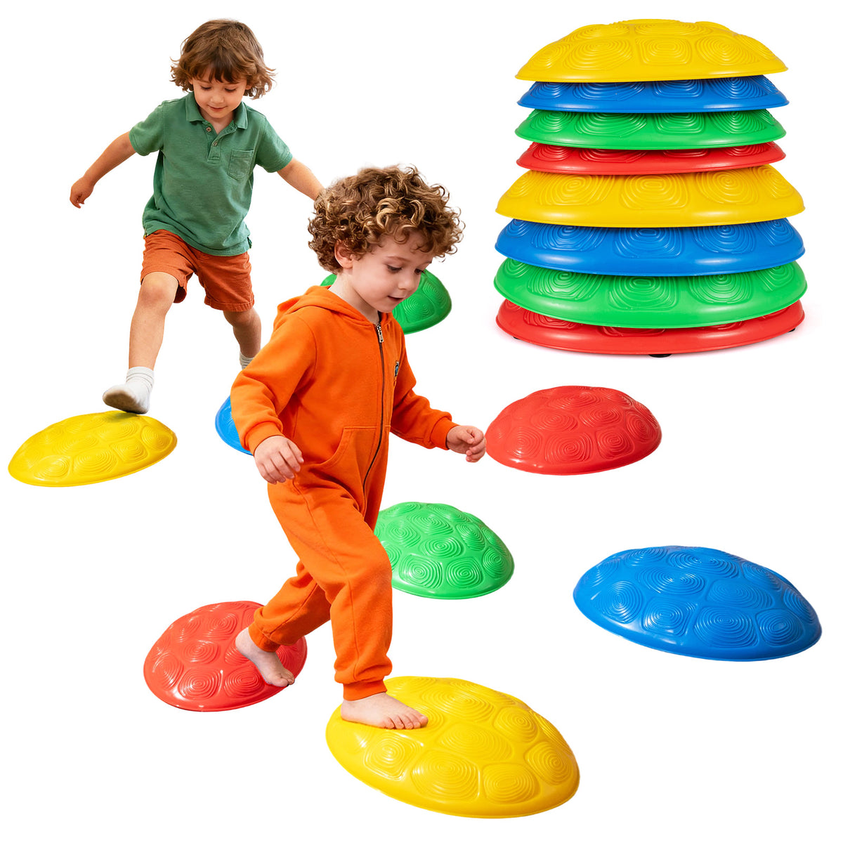8 Pieces Non-Slip Toddler Stepping Stones for kids aged 3+ stacked and scattered with children playing