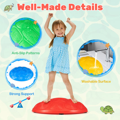 A girl stands on a red stepping stone showing anti-slip patterns and washable surface
