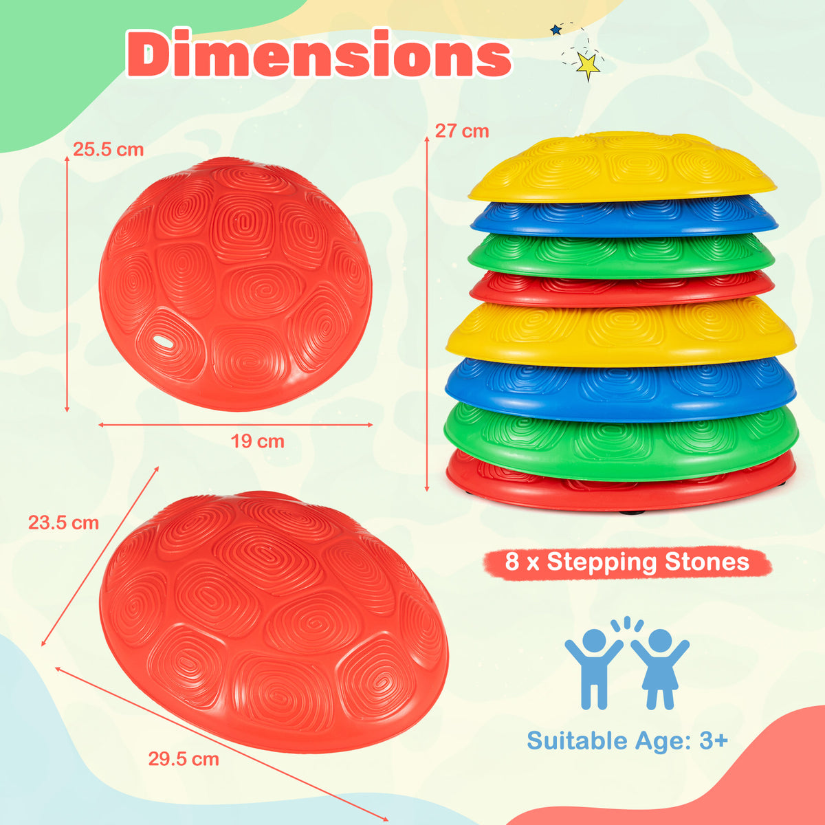 Dimensions diagram showing the size of the stepping stones and suitability for ages 3+