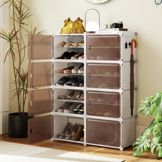 The shoe rack placed in a bright living room next to a tall potted plant
