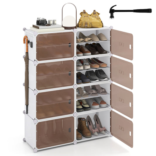 8 Tier Shoe Storage Cabinet with Removable Shelves filled with various footwear and accessories