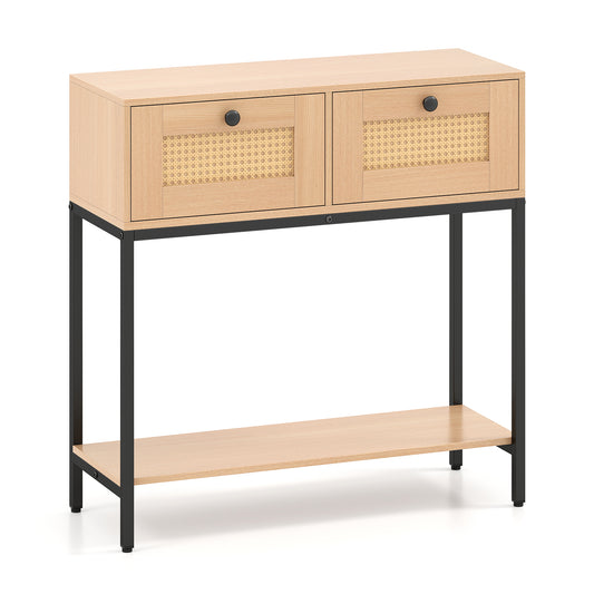 80 CM Boho Console Table with two drawers and a bottom shelf on a black metal frame