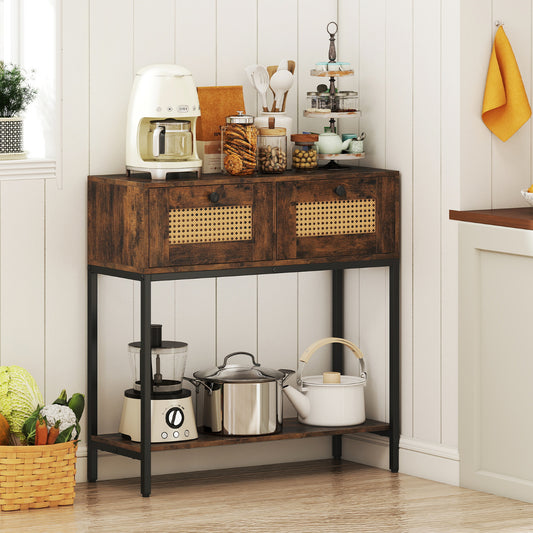 The rustic brown console table is shown in a kitchen setting with appliances and food items