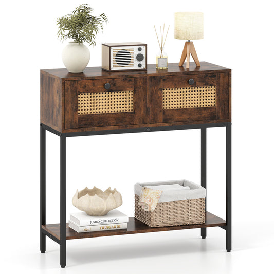 80 CM Boho Console Table with two drawers and a bottom shelf in rustic brown
